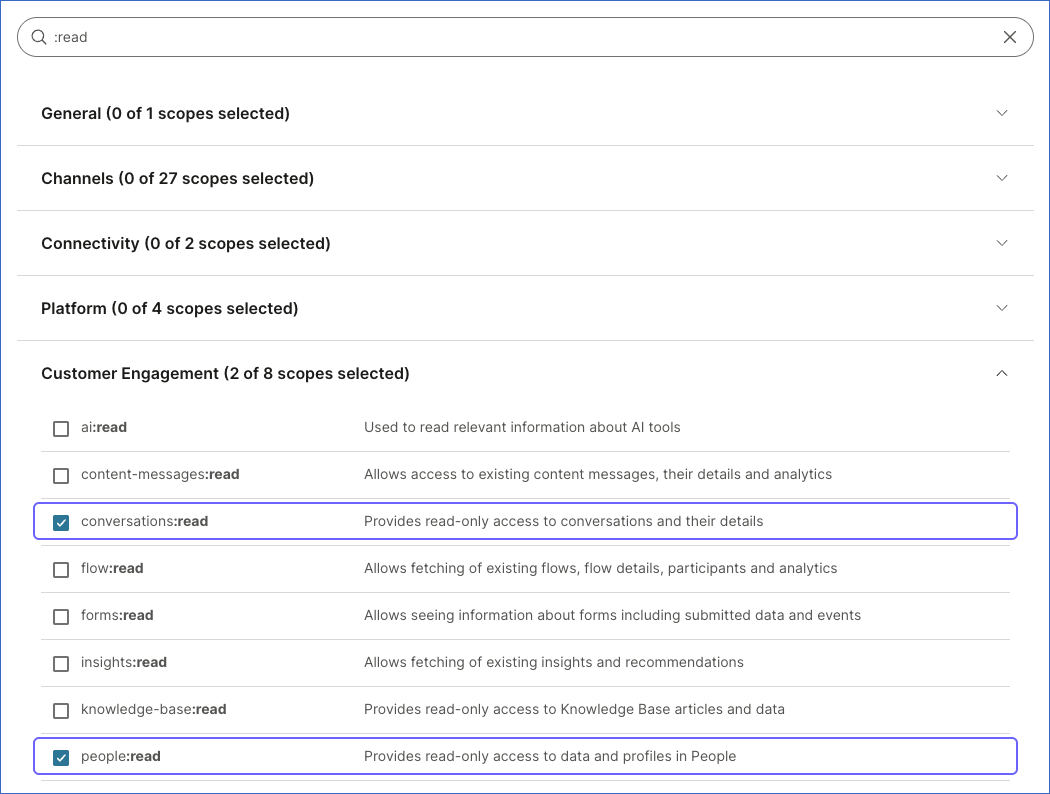 Select API scopes