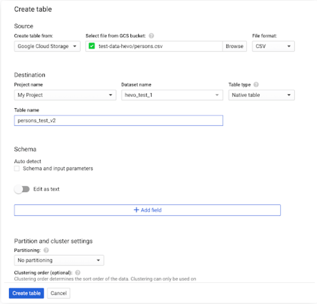 PostgreSQL to BigQuery: Entering Input Source and other Specifications for the Tables