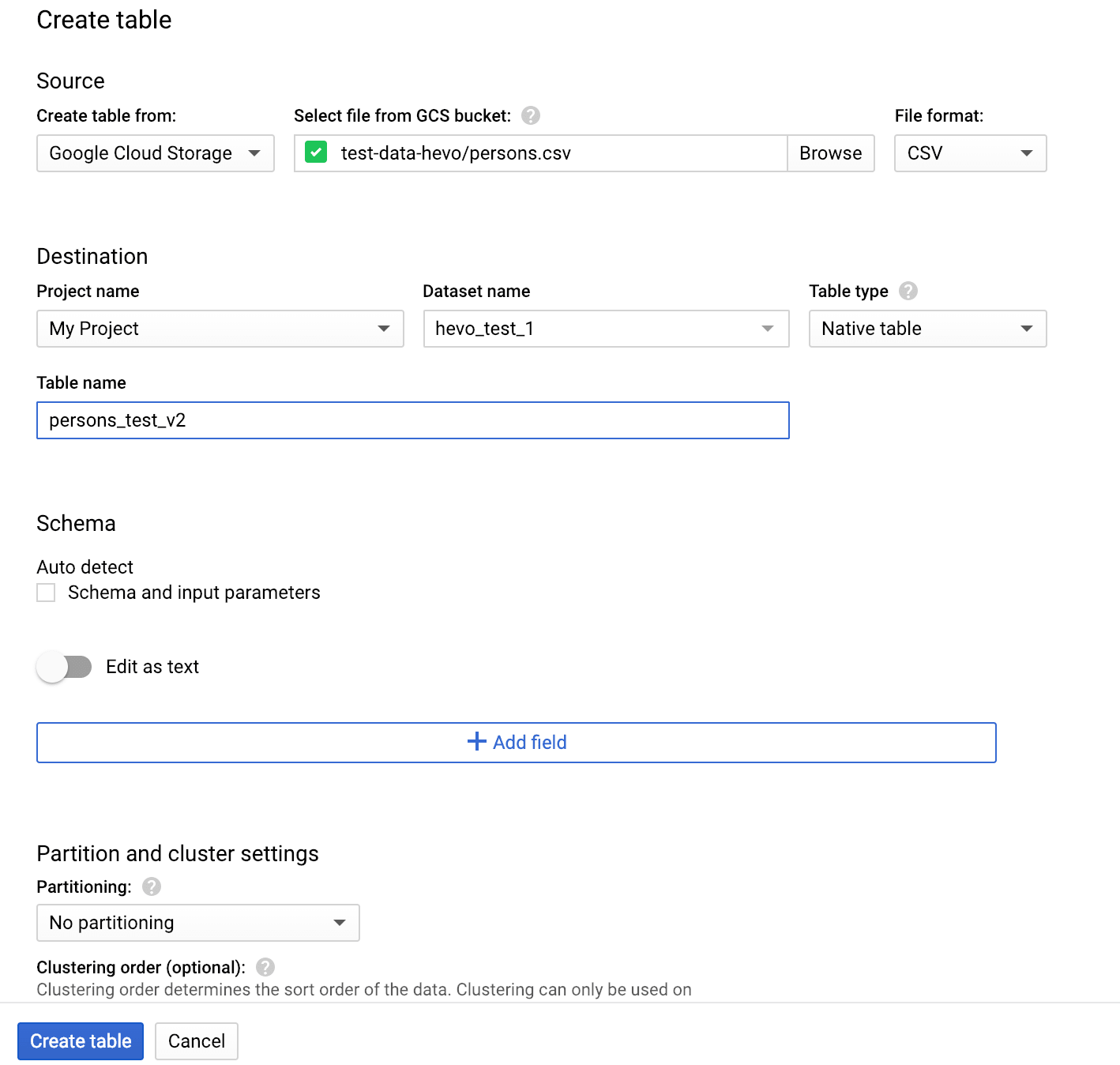 MongoDB to BigQuery: Create Table Settings image