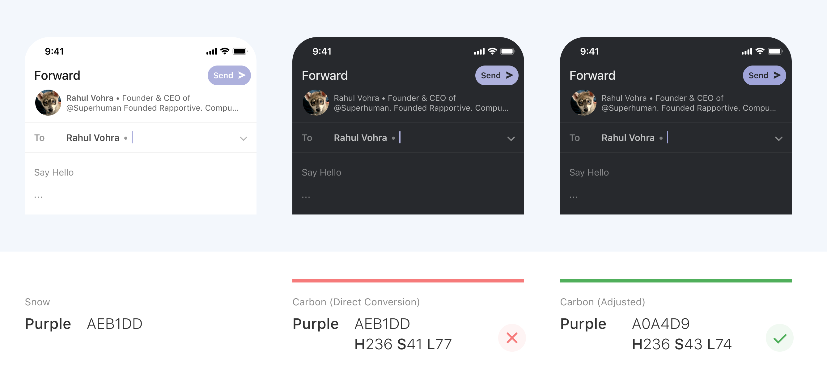 To create deeper colors for dark themes; preserve hue, reduce lightness, and increase saturation.