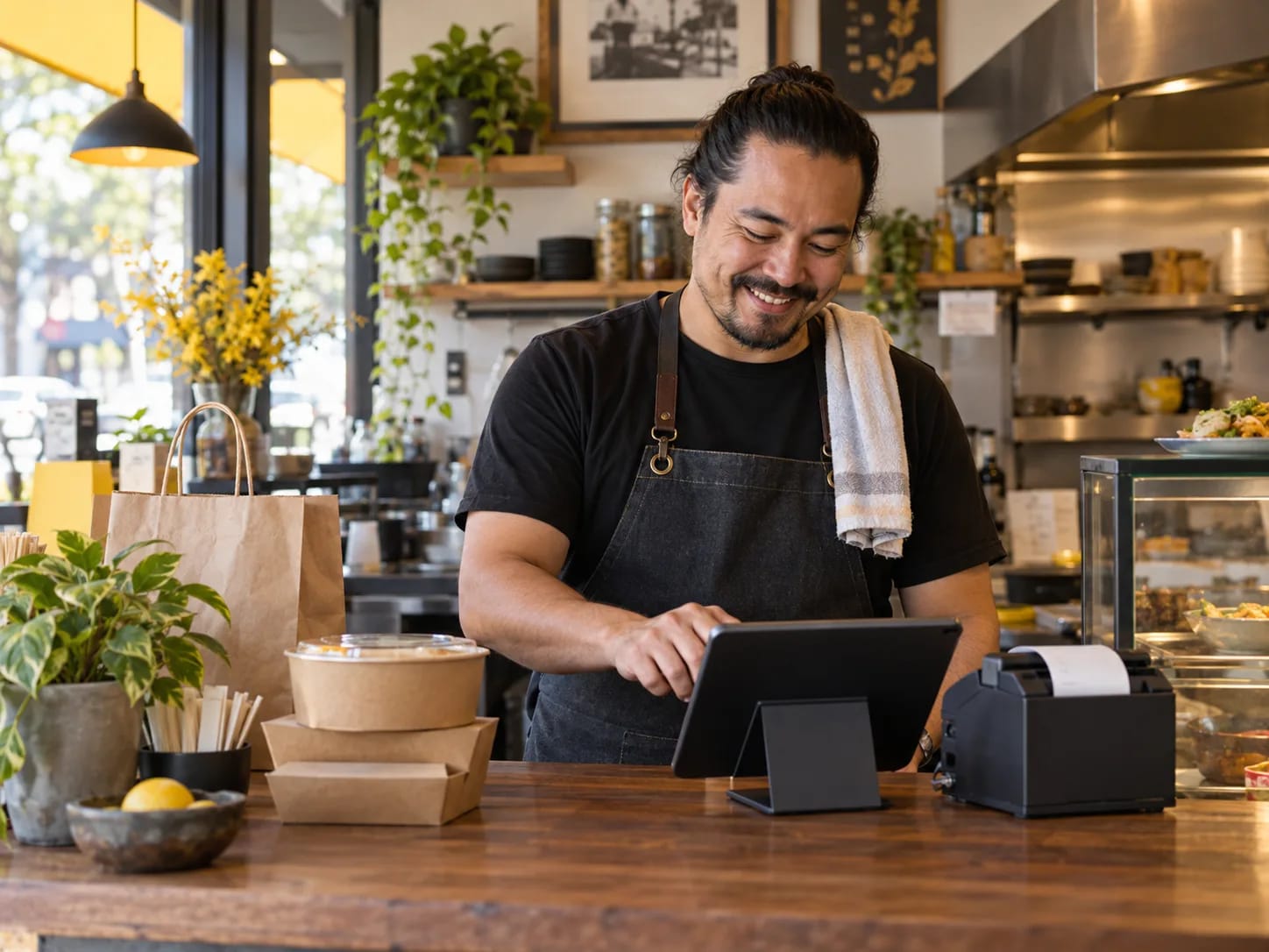 Restaurant owner using a tablet beside a receipt printer