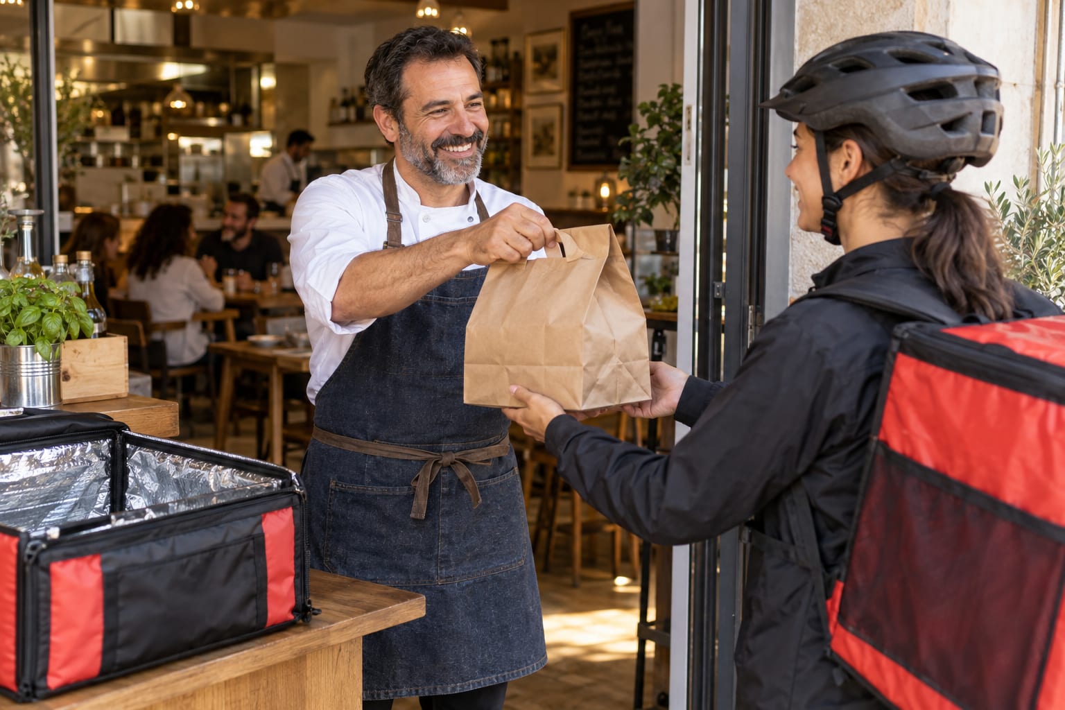 Restaurant owner handing a takeaway order to a delivery courier