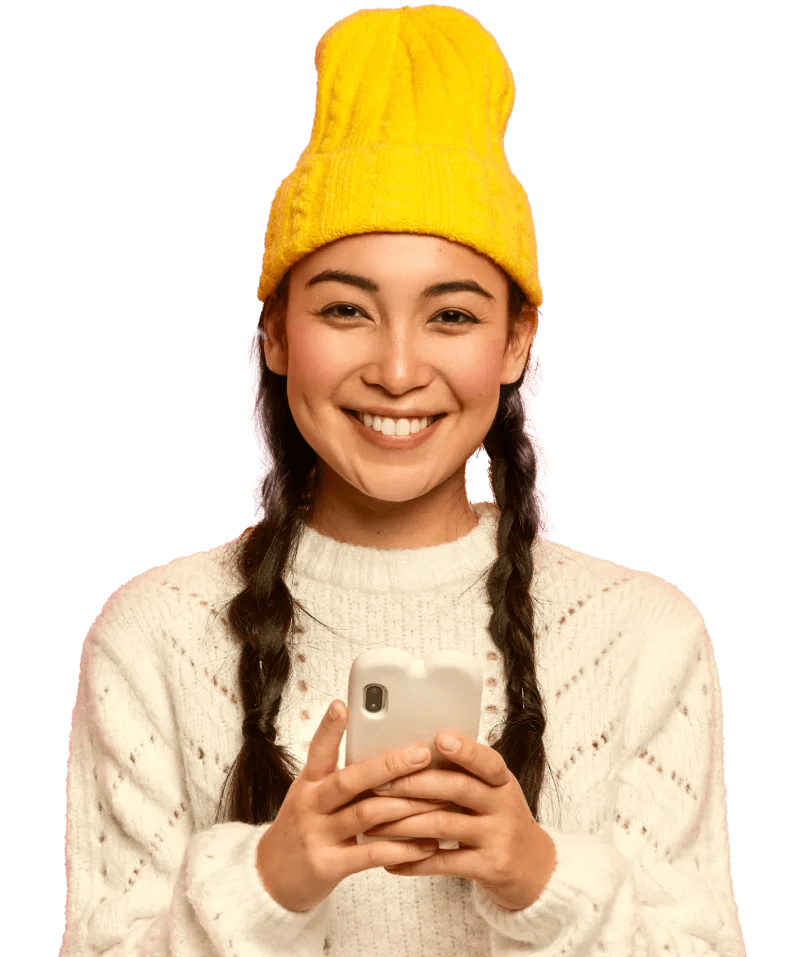 Smiling customer holding her phone