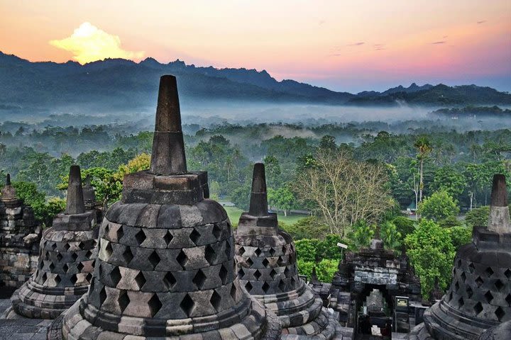 The amazing Borobudur sunrise and Prambanan temple image