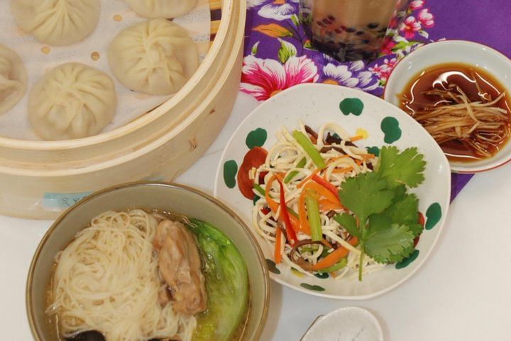 Taiwan Traditional Delicacies Experience, Xiao Long Bao, Chicken vermicelli with mushroom and sesame oil, Tofu strips salad, Bubble milk tea. image