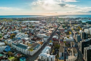 Aerial view of Reykjavik City with downtown Reykjavik in the focus. 