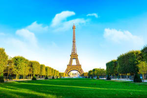Eiffel Tower seen from the Champ de Mars gardens in Paris