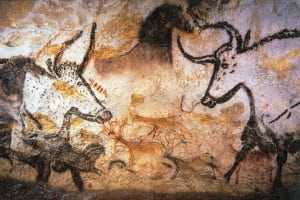 Animal cave paintings from the Lascaux prehistoric cave replica