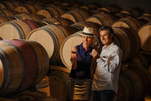 Oak barrel cellar used for aging Médoc wines visited on a guided wine tour from Bordeaux