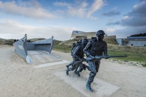 Monument and memorial area at Utah Beach commemorating American soldiers