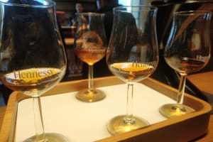 Four tulip glasses of amber Cognac at different ages lined up for a private tasting at a Charente distillery