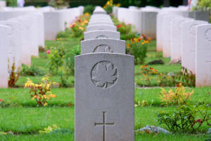 Rows of white headstones at Bény-sur-Mer Canadian War Cemetery