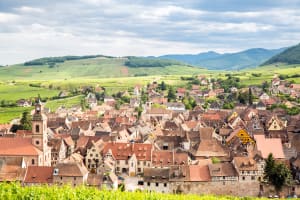 Traditional Alsace village surrounded by vineyards visited during a wine tasting tour from Strasbourg
