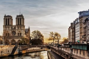 Notre-Dame Cathedral and riverside buildings in central Paris
