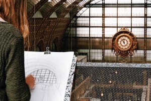 Interior view of the Musée d’Orsay glass roof and clock