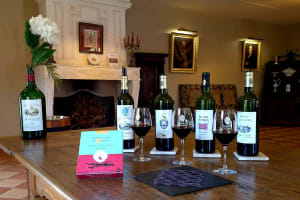 Wine and chocolate pairing workshop at Château Siran in Margaux with a flight of red wines, tasting glasses and dark chocolate squares arranged on a wooden table in an elegant Bordeaux château salon