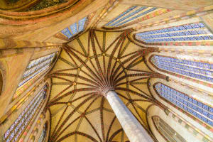Palm-tree column and stained-glass windows inside Jacobins Convent in Toulouse