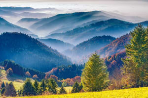Panoramic view of the Black Forest mountains and forests along the scenic route from Strasbourg