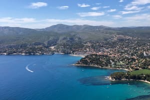 Panoramic view of Cassis village, harbor, and coastline from above