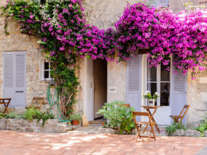 Traditional stone house in Antibes decorated with colourful bougainvillea and outdoor café tables.