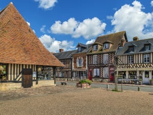 Half-timbered houses around the main square in Beuvron-en-Auge