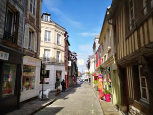 Cobbled street in Honfleur lined with half-timbered houses and shops