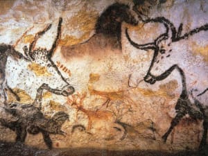 Animal cave paintings from the Lascaux prehistoric cave replica