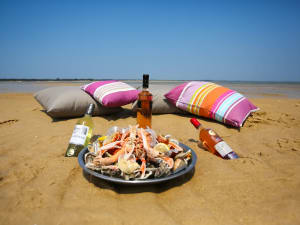 Seafood platter with wine and cushions set on a sandy beach at Arcachon Bay