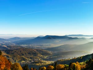 View across Alsace vineyards and Rhine plain from Haut-Koenigsbourg Castle
