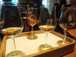 Four tulip glasses of amber Cognac at different ages lined up for a private tasting at a Charente distillery