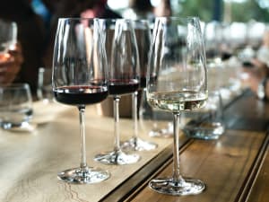 Glasses of red and dry white Bordeaux wines during guided tasting at Pessac-Léognan château