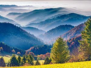 Panoramic view of the Black Forest mountains and forests along the scenic route from Strasbourg