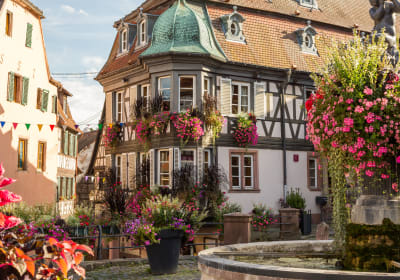 Colourful half-timbered houses in a typical Alsace wine village street