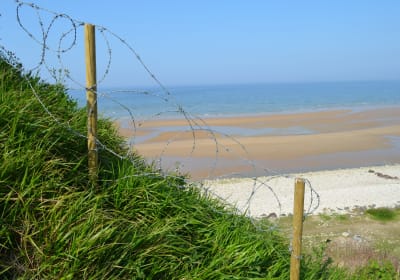 Wide shoreline of Omaha Beach where American troops fought during the Normandy landings