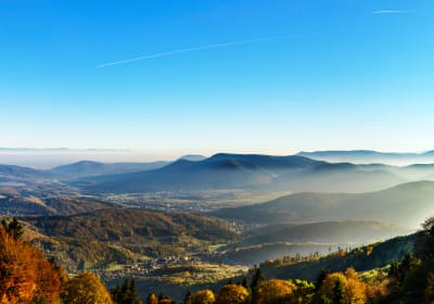 View across Alsace vineyards and Rhine plain from Haut-Koenigsbourg Castle