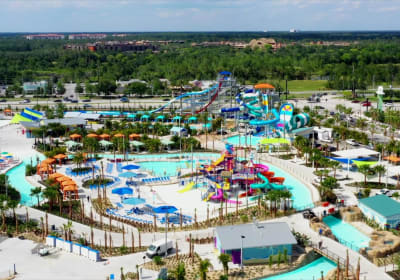 View from the sky of Island H2O Waterpark showing all the slides and pools of the closed park
