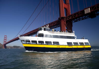 White, yellow, and black ferry boat passing under the Golden Gate Bridge in San Francisco Bay