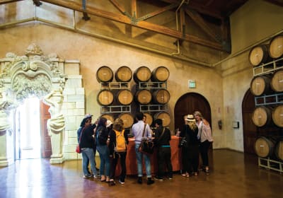 Tour group gathered in a wine barrel cellar with ornate architectural details and wooden barrels on display.