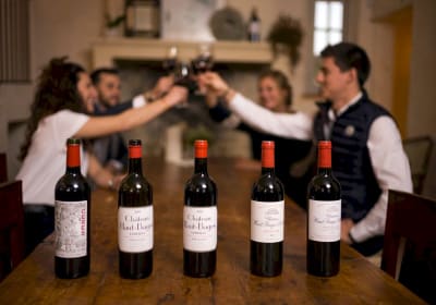 Several bottles of Château Haut-Bages Libéral wines displayed during a private tasting experience