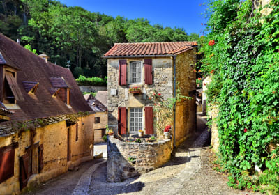 Narrow cobbled street in Beynac lined with stone houses, shuttered windows and greenery climbing the walls on a sunny day