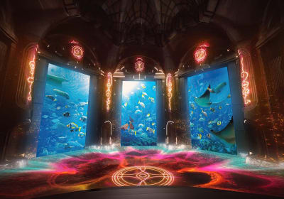 Visitors exploring the Lost World Aquarium with large marine exhibits