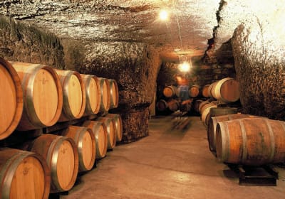 Oak barrels ageing wine inside a traditional limestone cellar in the Chinon wine region of the Loire Valley.