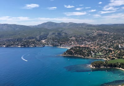 Panoramic view of Cassis village, harbor, and coastline from above