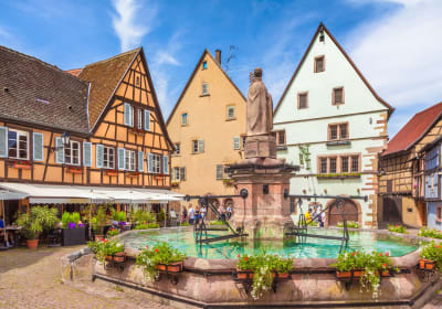 Colorful half-timbered houses in an Alsace village visited on a small group day trip from Strasbourg