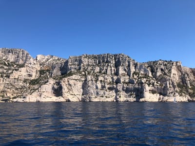 Boat cruising through the Calanques cliffs during a small group tour from Aix-en-Provence