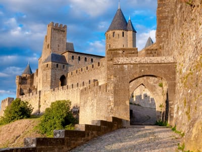 Stone ramparts and towers of the medieval city of Carcassonne