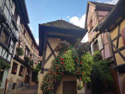 Traditional half-timbered houses decorated with flowers along Alsace Wine Route villages