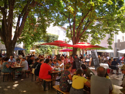 Café terrace or village square atmosphere in Provence during a small group excursion