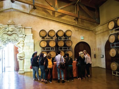Tour group gathered in a wine barrel cellar with ornate architectural details and wooden barrels on display.