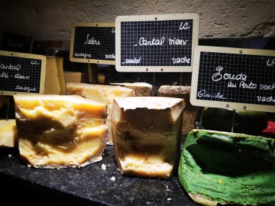 Close-up of aged French cheeses with handwritten labels in Bordeaux cellar